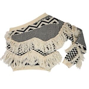 Hazel and Olive One Shoulder Fringe Sweater Black Cream Geometric M